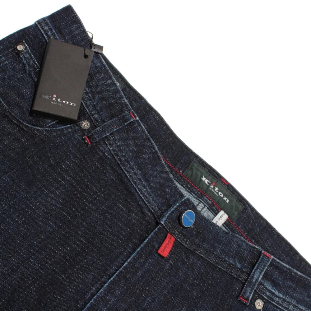 Kiton NWT Jeans Size 40 US Slim In Solid Dark Blue Cotton Blend Denim